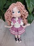 Handmade Crochet Doll – Pink Dress, Curly Hair, Amigurumi Art Doll, Collectible Gift for Kids and Adults