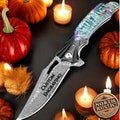 Abalone Damascus Folding Knife, Engraved Pocket Knife Gift, Personalized Knives Groomsmen Gifts, Wedding Anniversary Gift, Sea Shell Knife